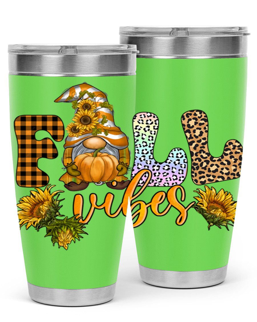 FallVibesFallGnome 20oz tumbler featuring double wall vacuum insulation and a stylish design, perfect for hot and cold beverages.