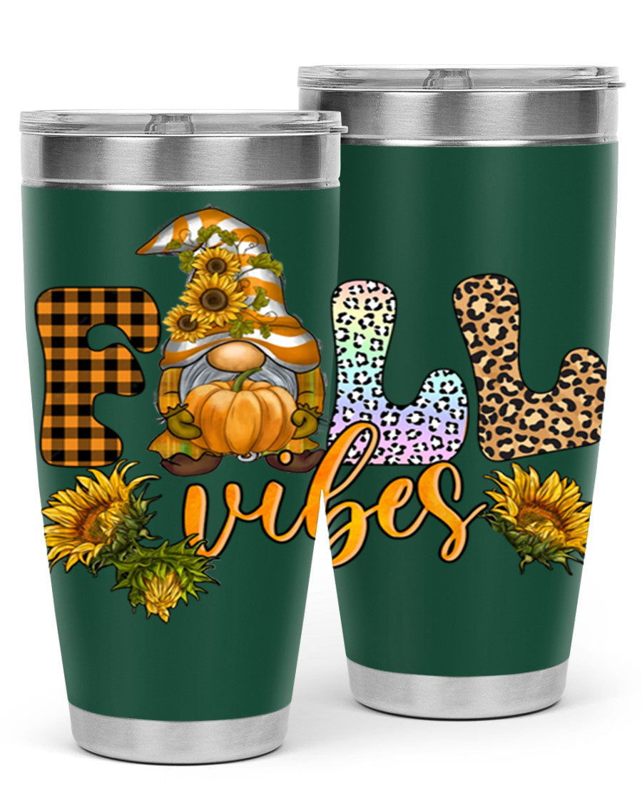 FallVibesFallGnome 20oz tumbler featuring double wall vacuum insulation and a stylish design, perfect for hot and cold beverages.