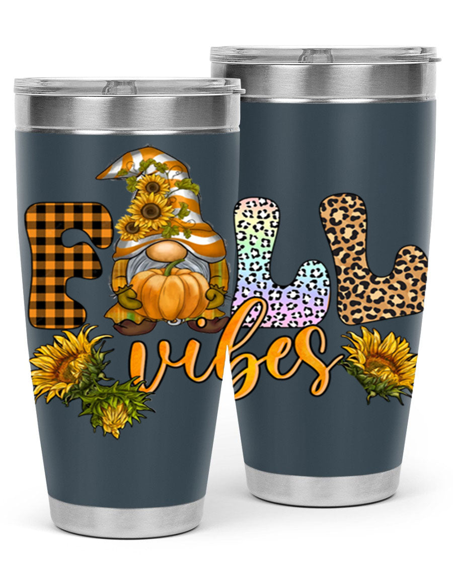 FallVibesFallGnome 20oz tumbler featuring double wall vacuum insulation and a stylish design, perfect for hot and cold beverages.