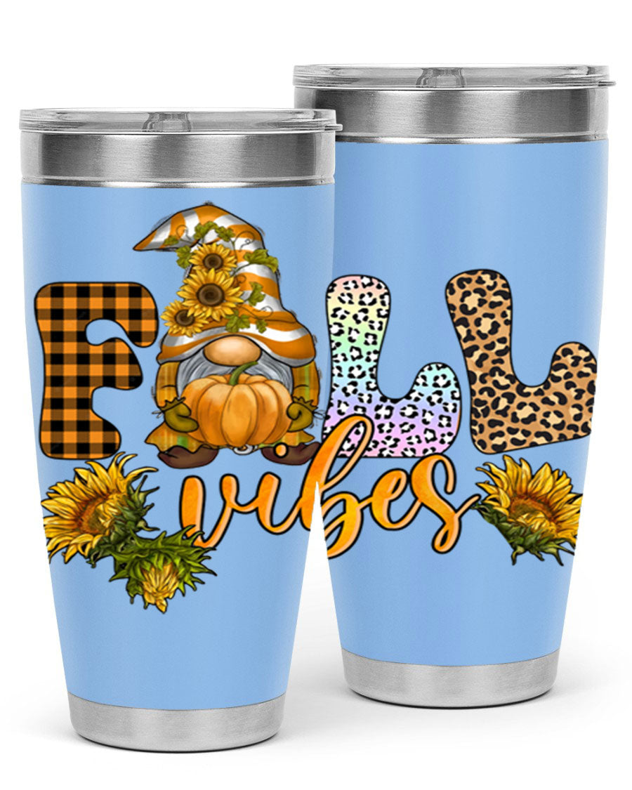 FallVibesFallGnome 20oz tumbler featuring double wall vacuum insulation and a stylish design, perfect for hot and cold beverages.
