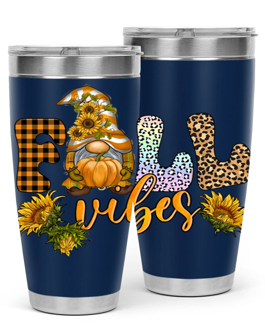 FallVibesFallGnome 20oz tumbler featuring double wall vacuum insulation and a stylish design, perfect for hot and cold beverages.