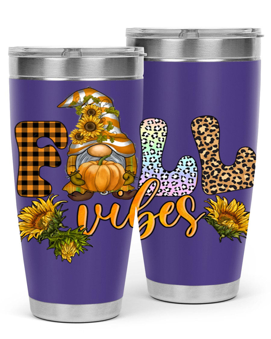 FallVibesFallGnome 20oz tumbler featuring double wall vacuum insulation and a stylish design, perfect for hot and cold beverages.