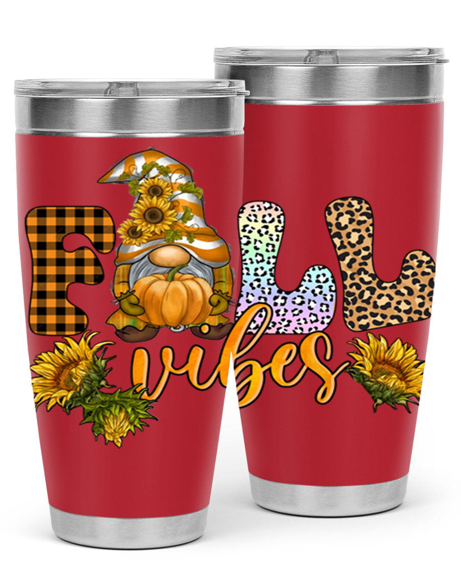 FallVibesFallGnome 20oz tumbler featuring double wall vacuum insulation and a stylish design, perfect for hot and cold beverages.
