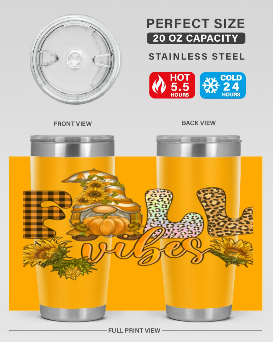FallVibesFallGnome 20oz tumbler featuring double wall vacuum insulation and a stylish design, perfect for hot and cold beverages.