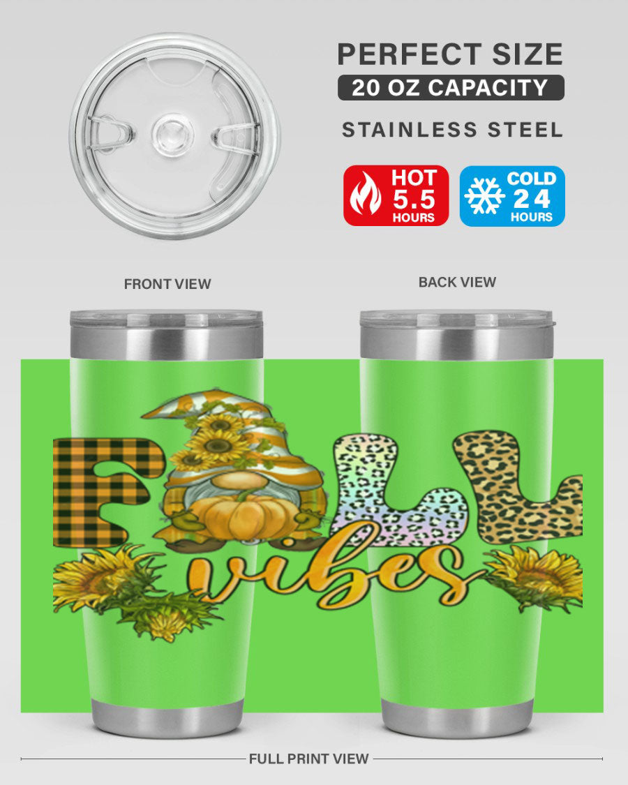 FallVibesFallGnome 20oz tumbler featuring double wall vacuum insulation and a stylish design, perfect for hot and cold beverages.