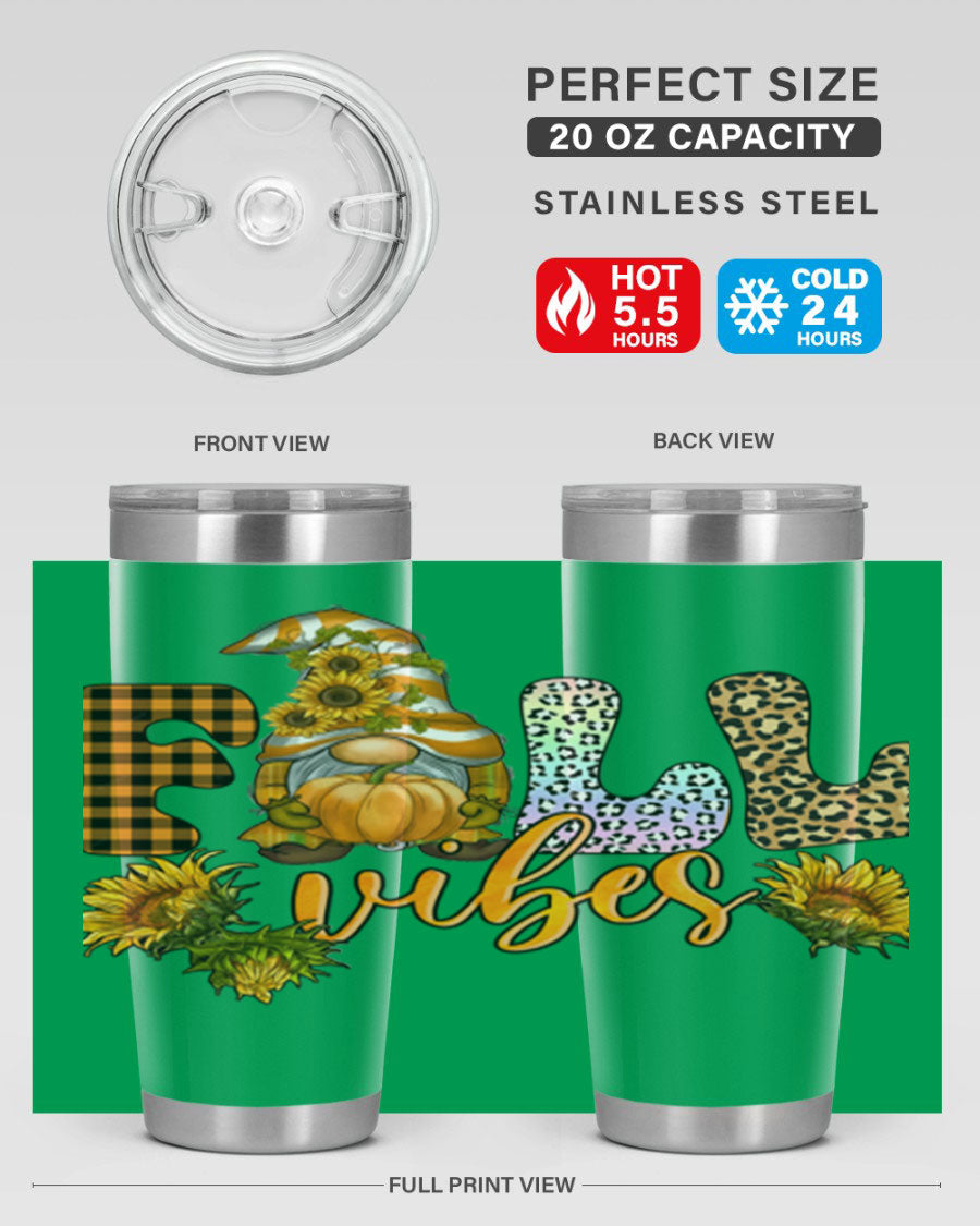 FallVibesFallGnome 20oz tumbler featuring double wall vacuum insulation and a stylish design, perfect for hot and cold beverages.