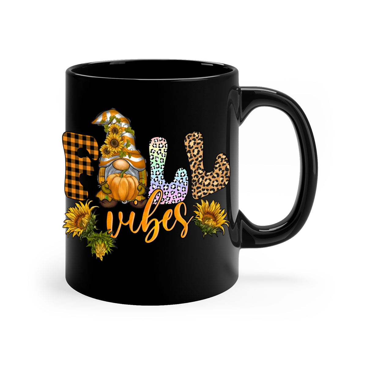 FallVibesFallGnome 164# Mug featuring a colorful gnome design with a glossy finish, available in multiple colors and sizes.