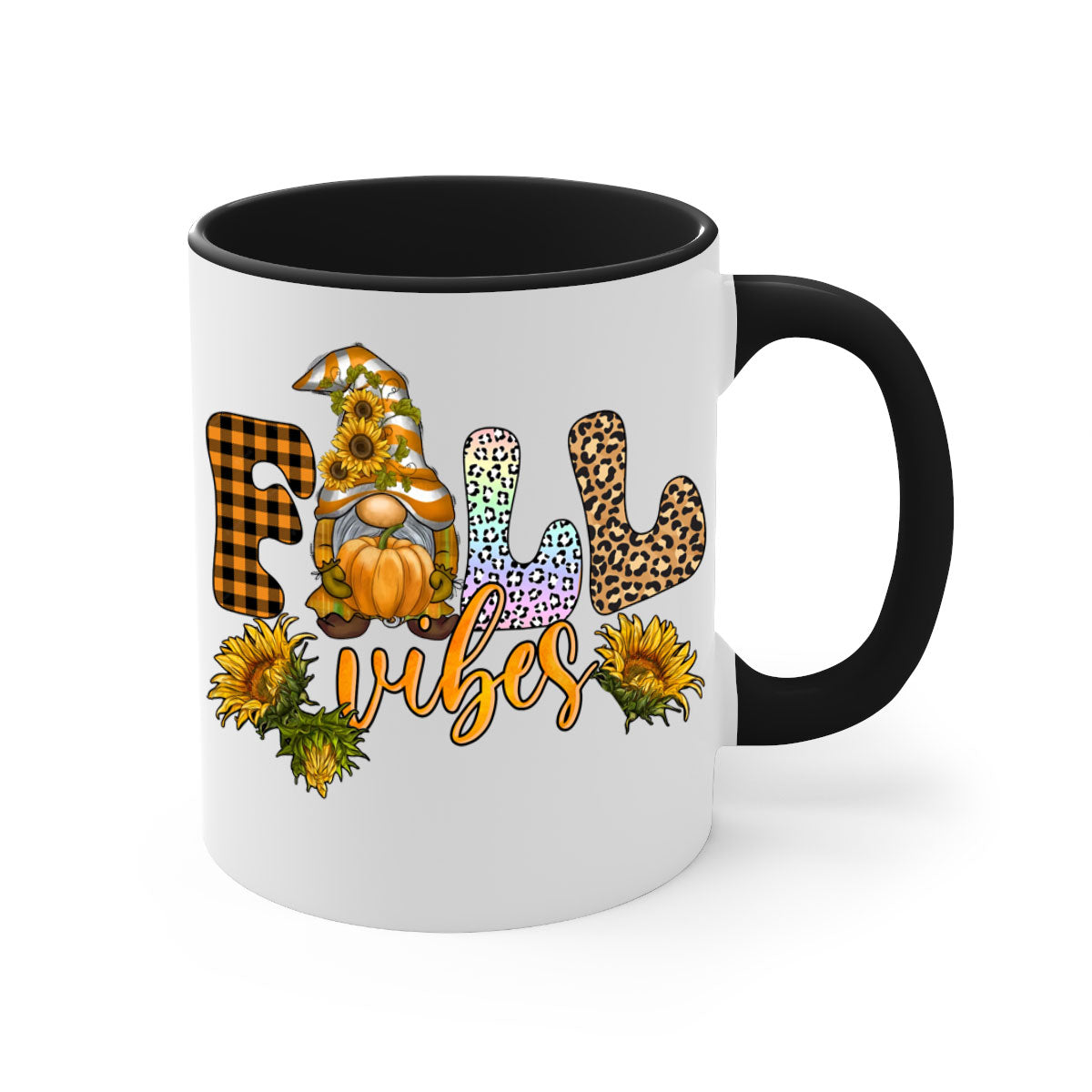 FallVibesFallGnome 164# Mug featuring a colorful gnome design with a glossy finish, available in multiple colors and sizes.