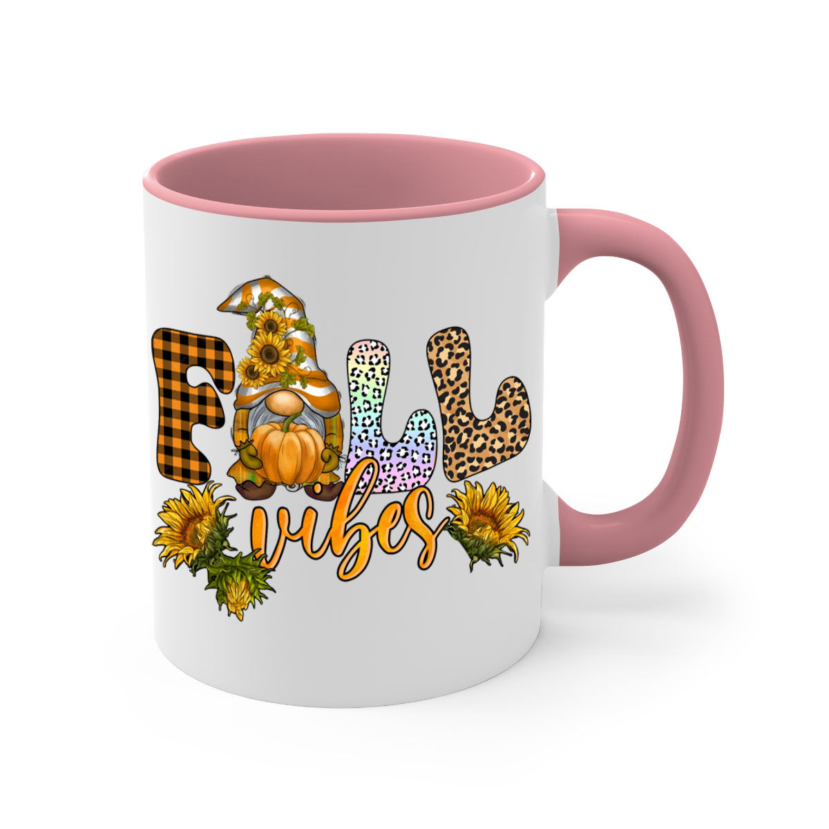 FallVibesFallGnome 164# Mug featuring a colorful gnome design with a glossy finish, available in multiple colors and sizes.
