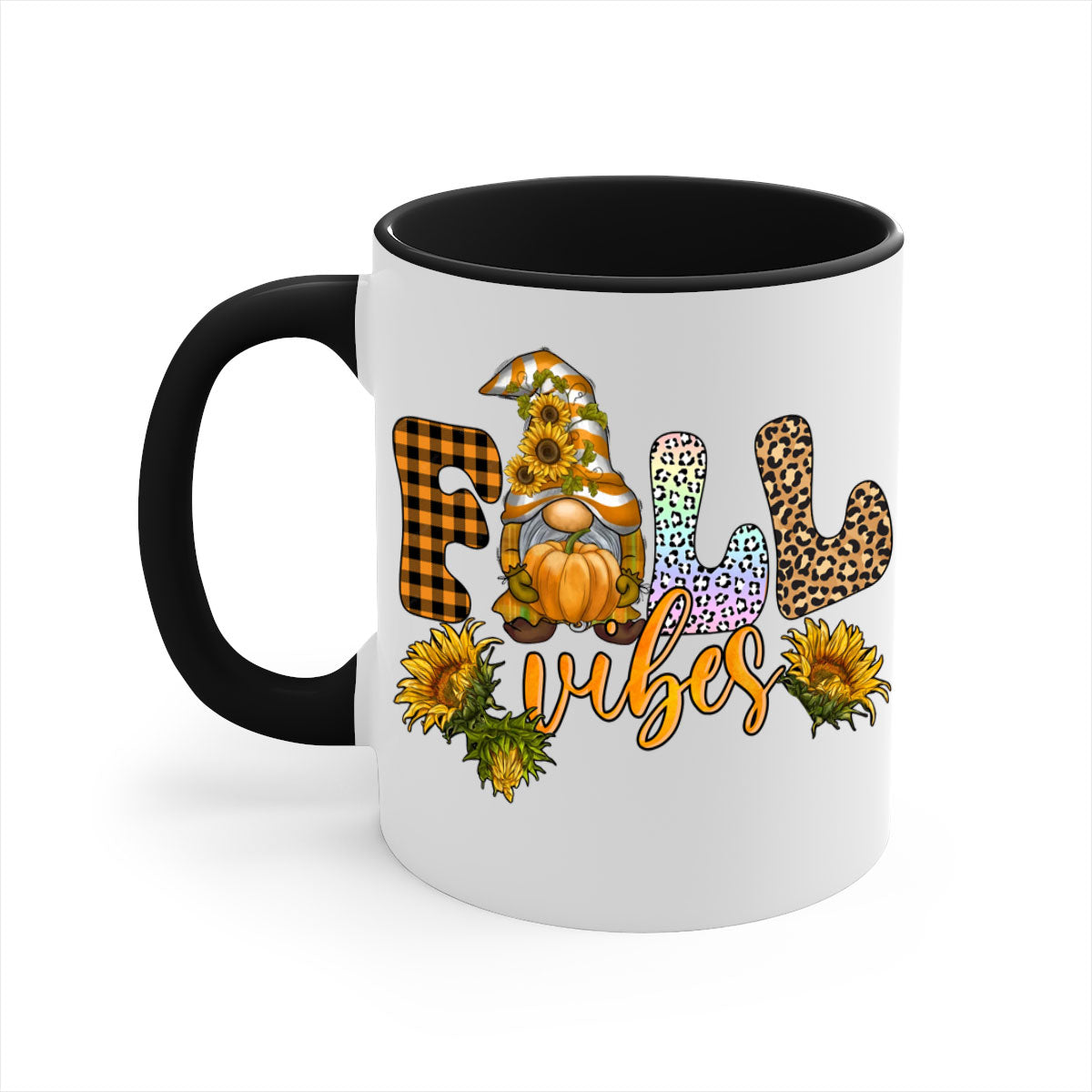 FallVibesFallGnome 164# Mug featuring a colorful gnome design with a glossy finish, available in multiple colors and sizes.