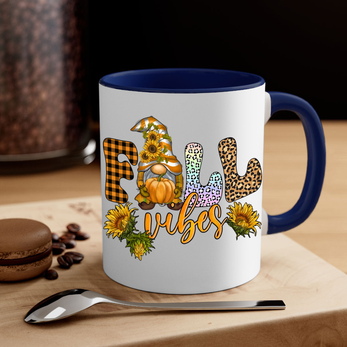 FallVibesFallGnome 164# Mug featuring a colorful gnome design with a glossy finish, available in multiple colors and sizes.