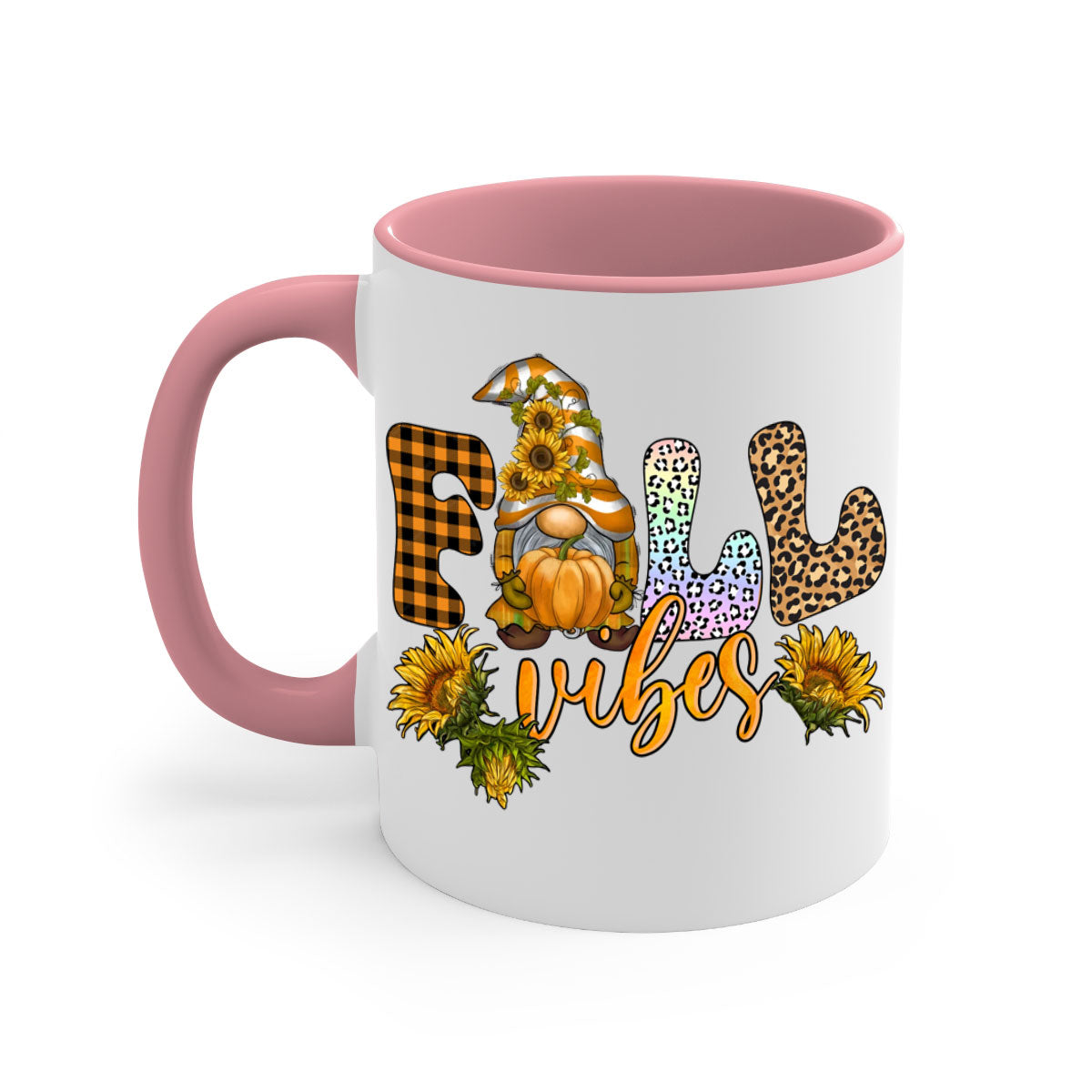 FallVibesFallGnome 164# Mug featuring a colorful gnome design with a glossy finish, available in multiple colors and sizes.