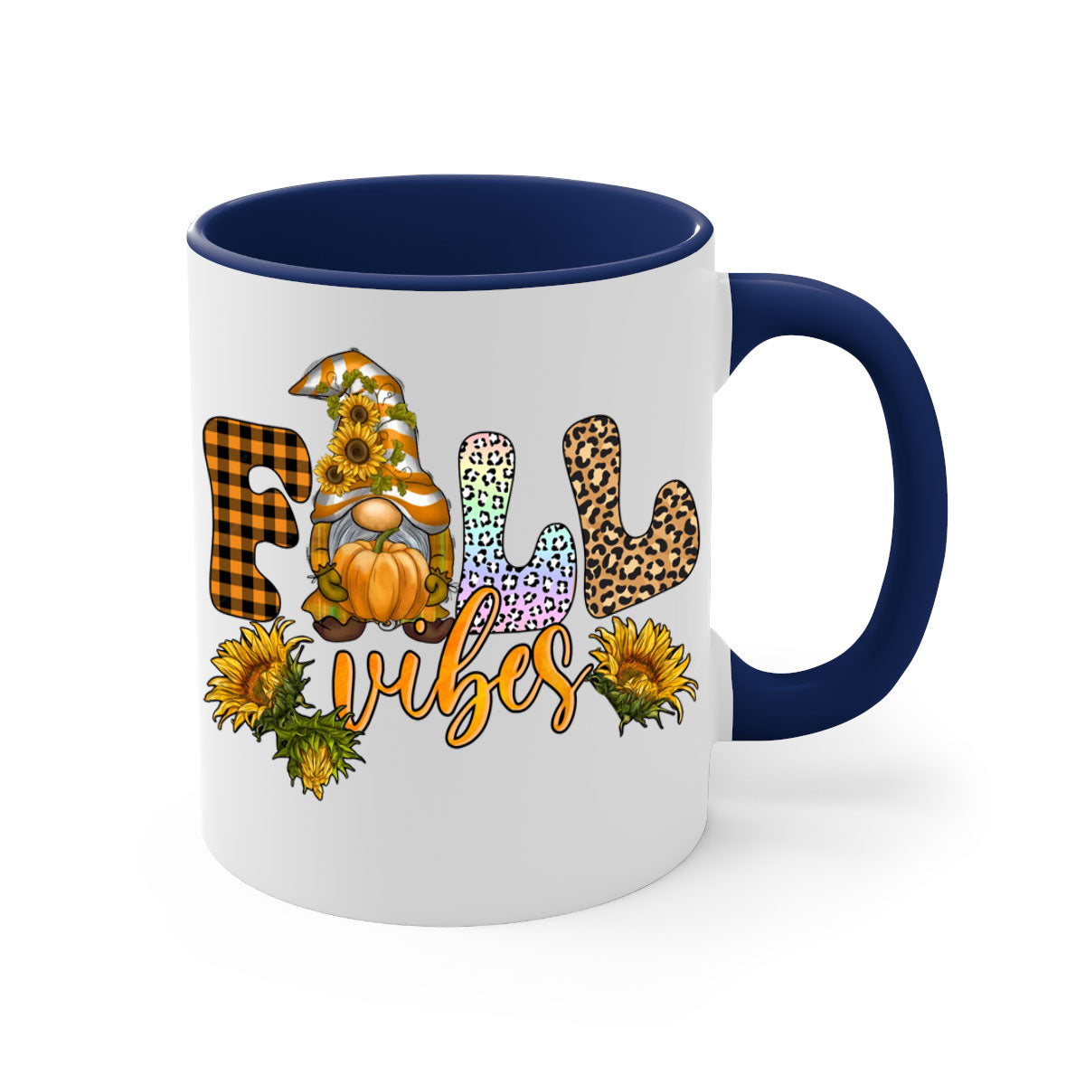 FallVibesFallGnome 164# Mug featuring a colorful gnome design with a glossy finish, available in multiple colors and sizes.
