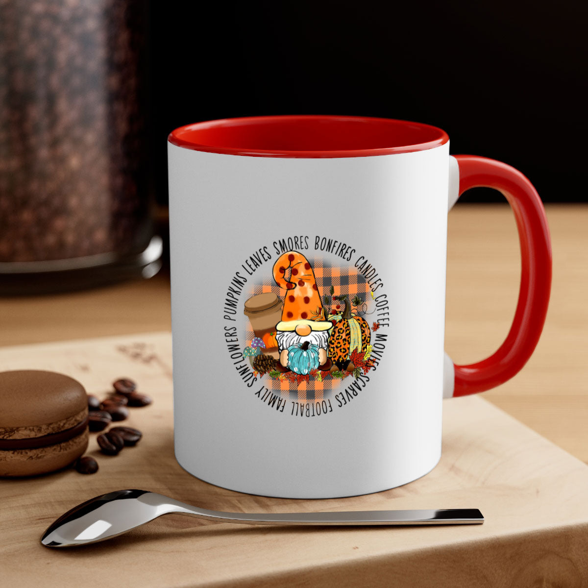 FallVibesGnome 165# Mug featuring a two-tone design with a colored handle and interior, available in multiple colors and sizes.