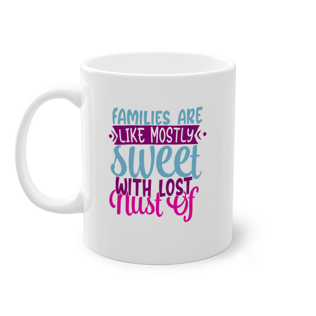 A two-tone ceramic mug with a glossy finish, featuring the quote 'Families Are Like Mostly Sweet' in a stylish font, available in multiple colors.