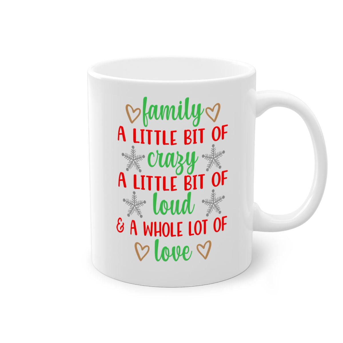 Family A Little Bit of Crazy Christmas Mug with colorful handle and interior, showcasing a glossy finish.