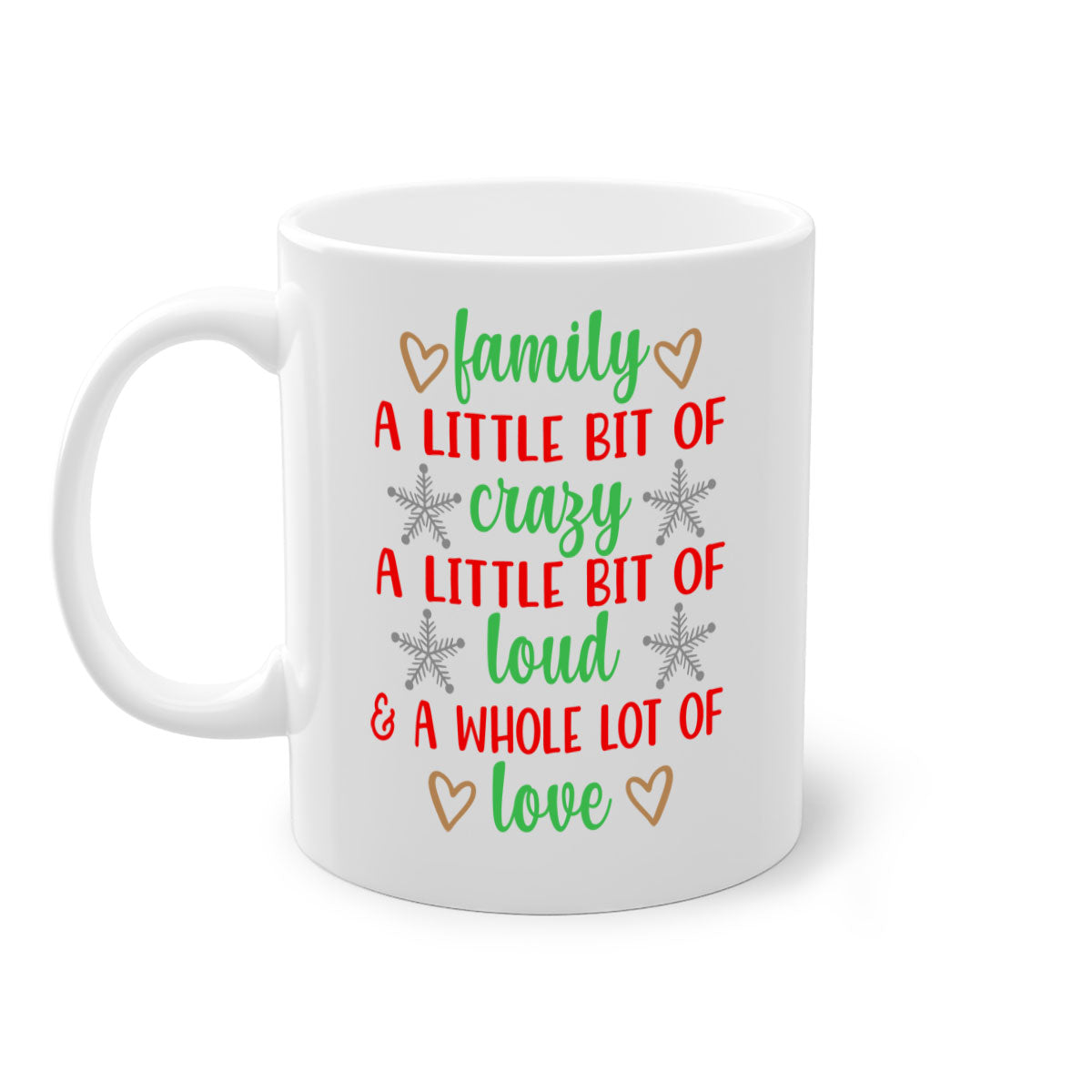 Family A Little Bit of Crazy Christmas Mug with colorful handle and interior, showcasing a glossy finish.