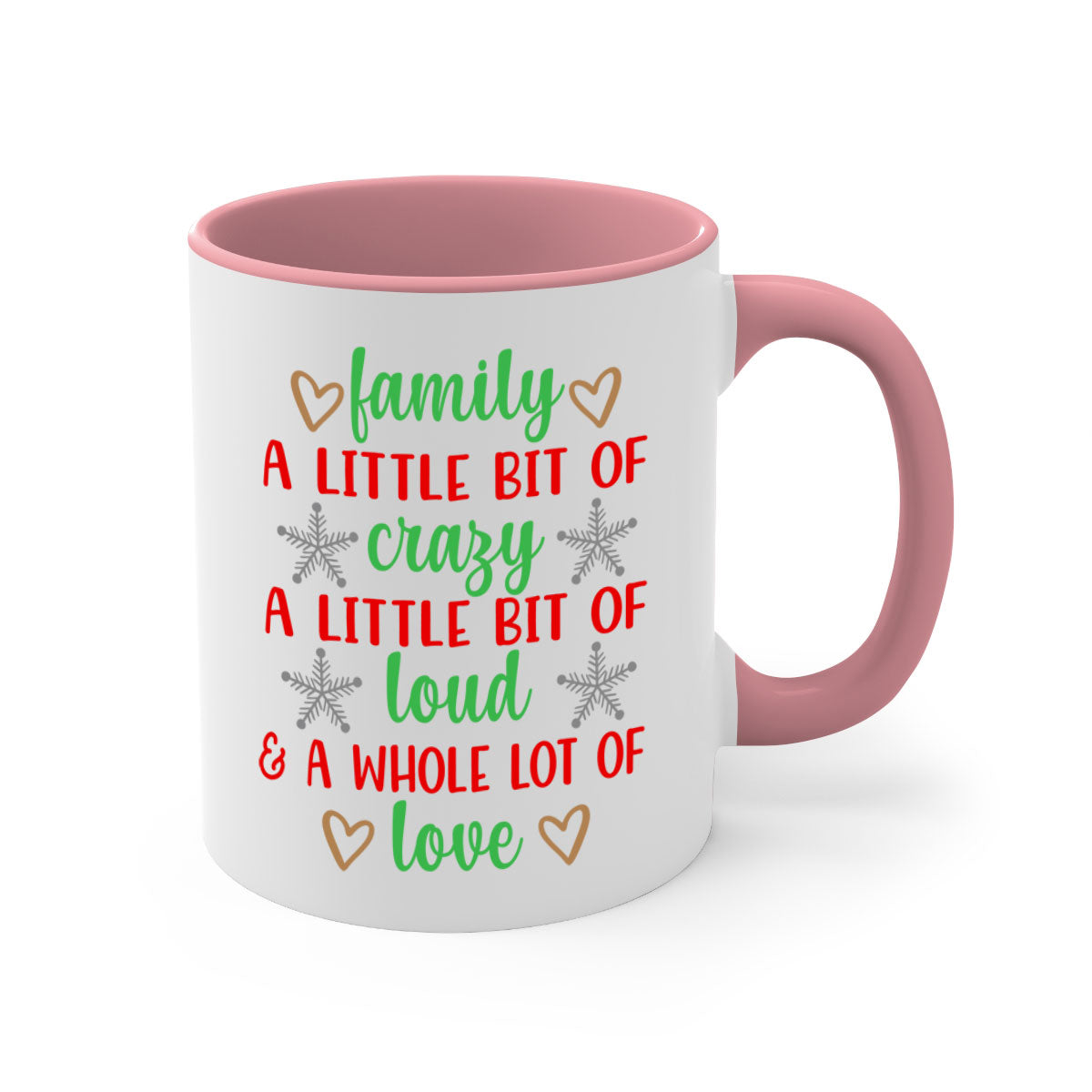 Family A Little Bit of Crazy Christmas Mug with colorful handle and interior, showcasing a glossy finish.