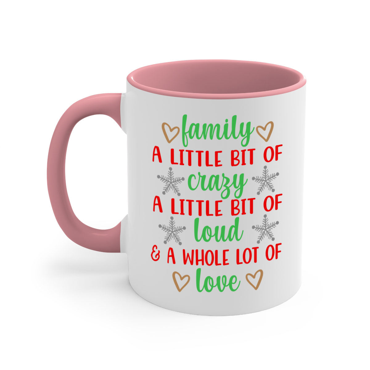 Family A Little Bit of Crazy Christmas Mug with colorful handle and interior, showcasing a glossy finish.