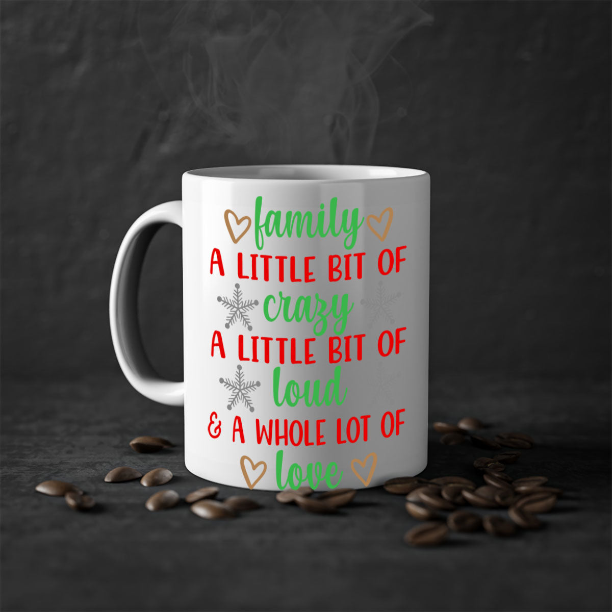 Family A Little Bit of Crazy Christmas Mug with colorful handle and interior, showcasing a glossy finish.