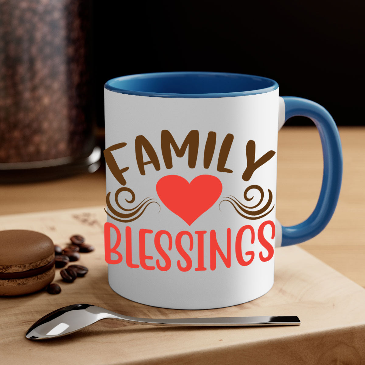 Family Blessings 169# Mug with two-tone design, available in five colors, featuring a glossy finish and easy-grip handle.