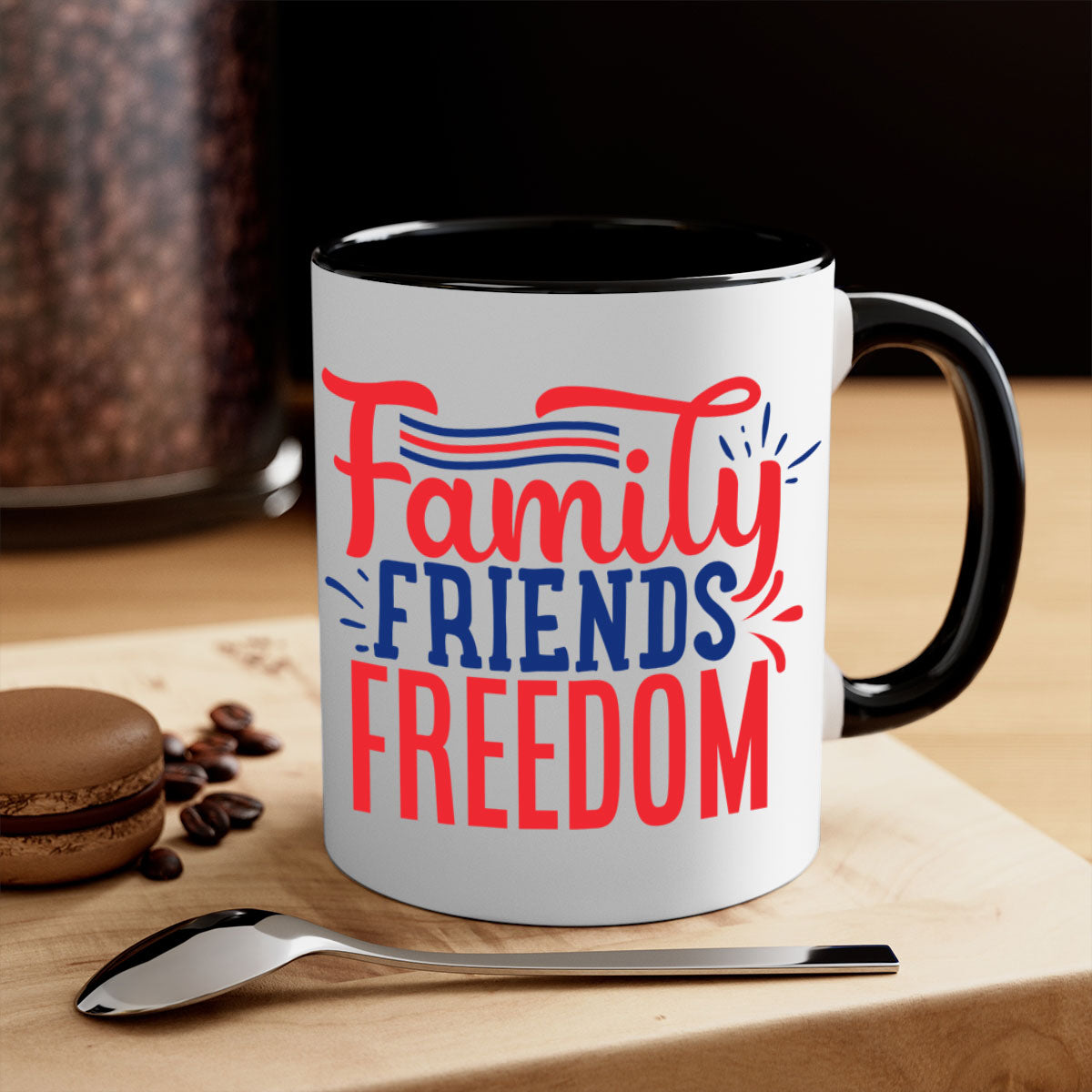 Family Friends Freedom Style 48# Mug with a glossy finish and colorful handle, available in multiple colors and sizes.