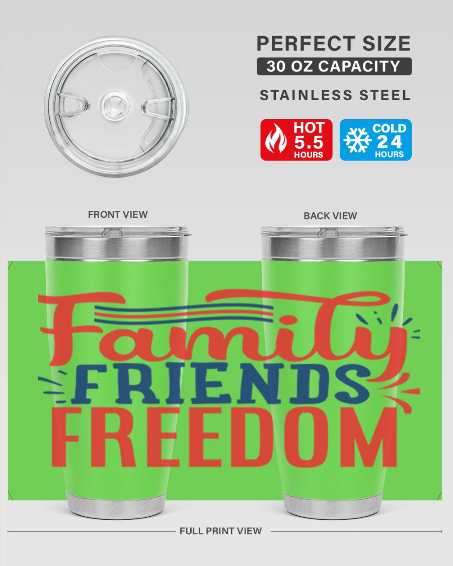Family Friends Freedom Style 48# tumbler featuring a patriotic design, available in 20oz and 30oz sizes, made from stainless steel.