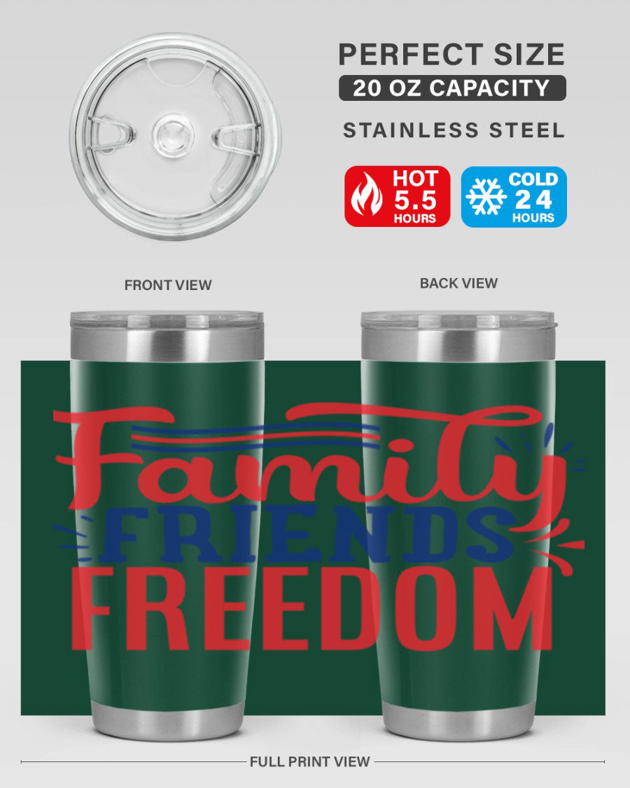 Family Friends Freedom Style 48# tumbler featuring a patriotic design, available in 20oz and 30oz sizes, made from stainless steel.