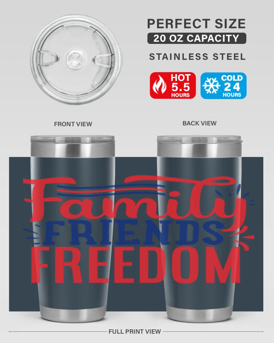 Family Friends Freedom Style 48# tumbler featuring a patriotic design, available in 20oz and 30oz sizes, made from stainless steel.