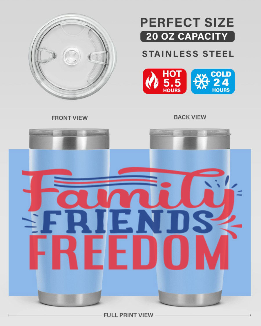 Family Friends Freedom Style 48# tumbler featuring a patriotic design, available in 20oz and 30oz sizes, made from stainless steel.