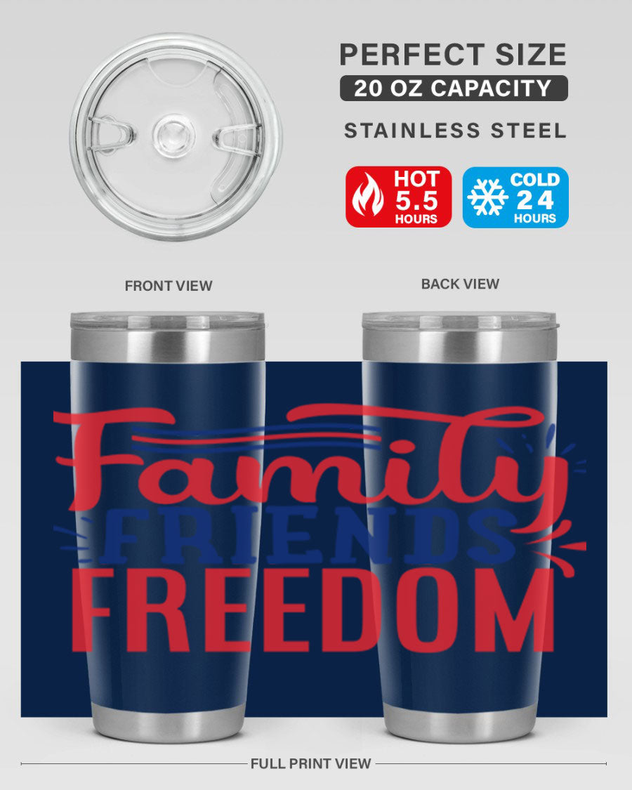 Family Friends Freedom Style 48# tumbler featuring a patriotic design, available in 20oz and 30oz sizes, made from stainless steel.
