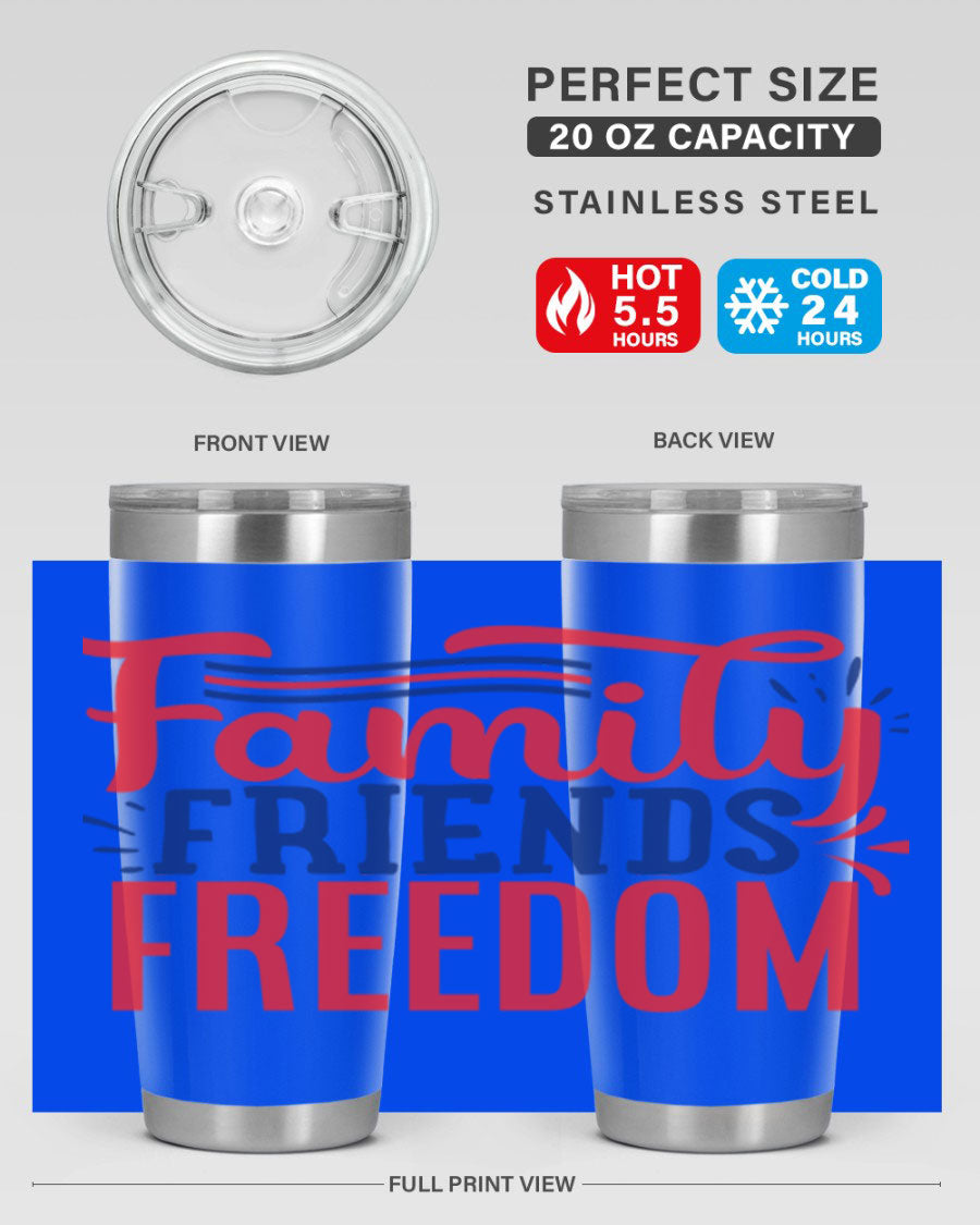 Family Friends Freedom Style 48# tumbler featuring a patriotic design, available in 20oz and 30oz sizes, made from stainless steel.