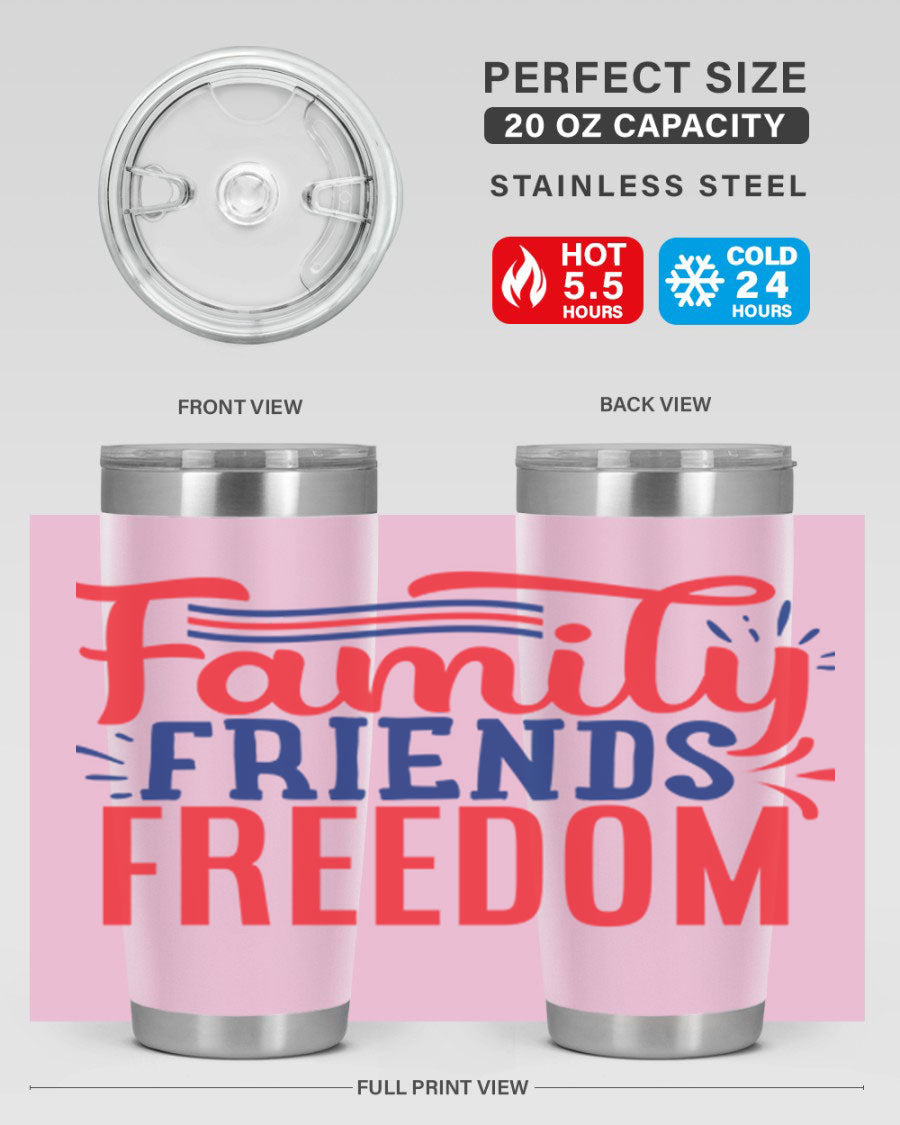 Family Friends Freedom Style 48# tumbler featuring a patriotic design, available in 20oz and 30oz sizes, made from stainless steel.