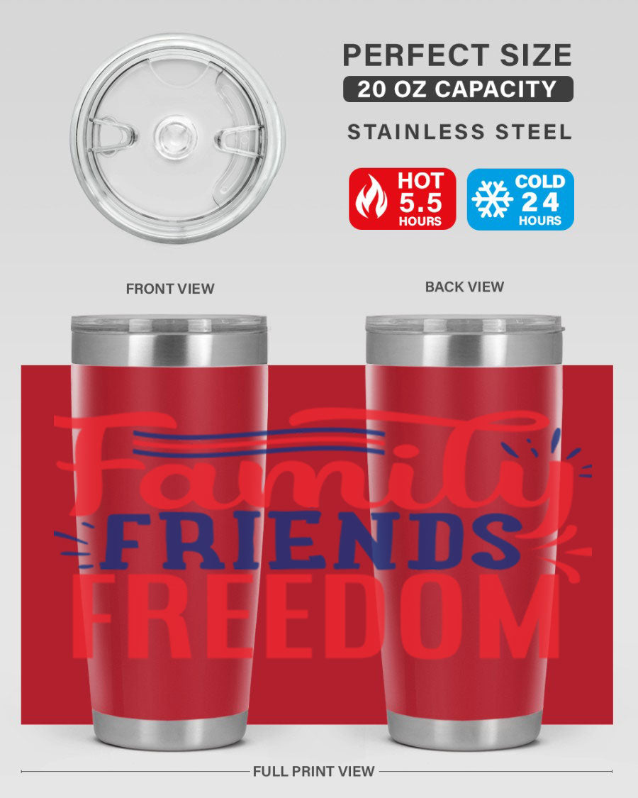Family Friends Freedom Style 48# tumbler featuring a patriotic design, available in 20oz and 30oz sizes, made from stainless steel.