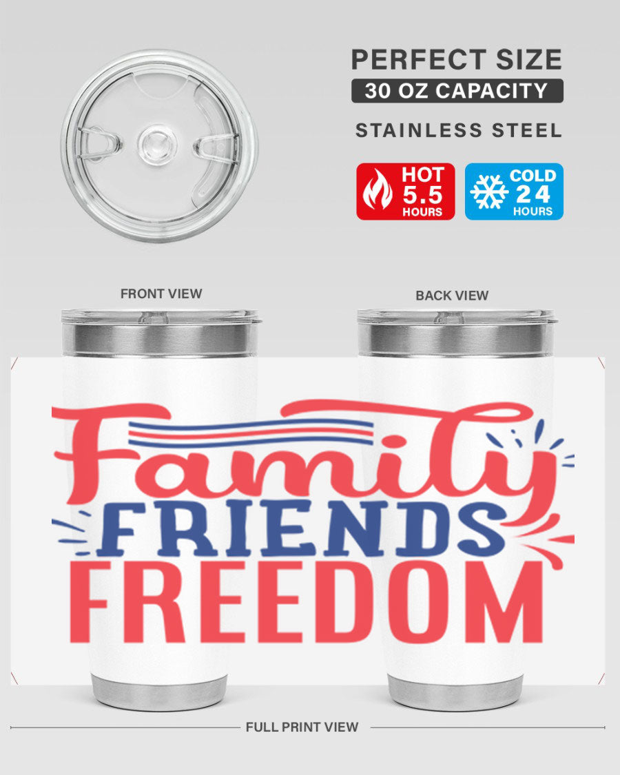 Family Friends Freedom Style 48# tumbler featuring a patriotic design, available in 20oz and 30oz sizes, made from stainless steel.