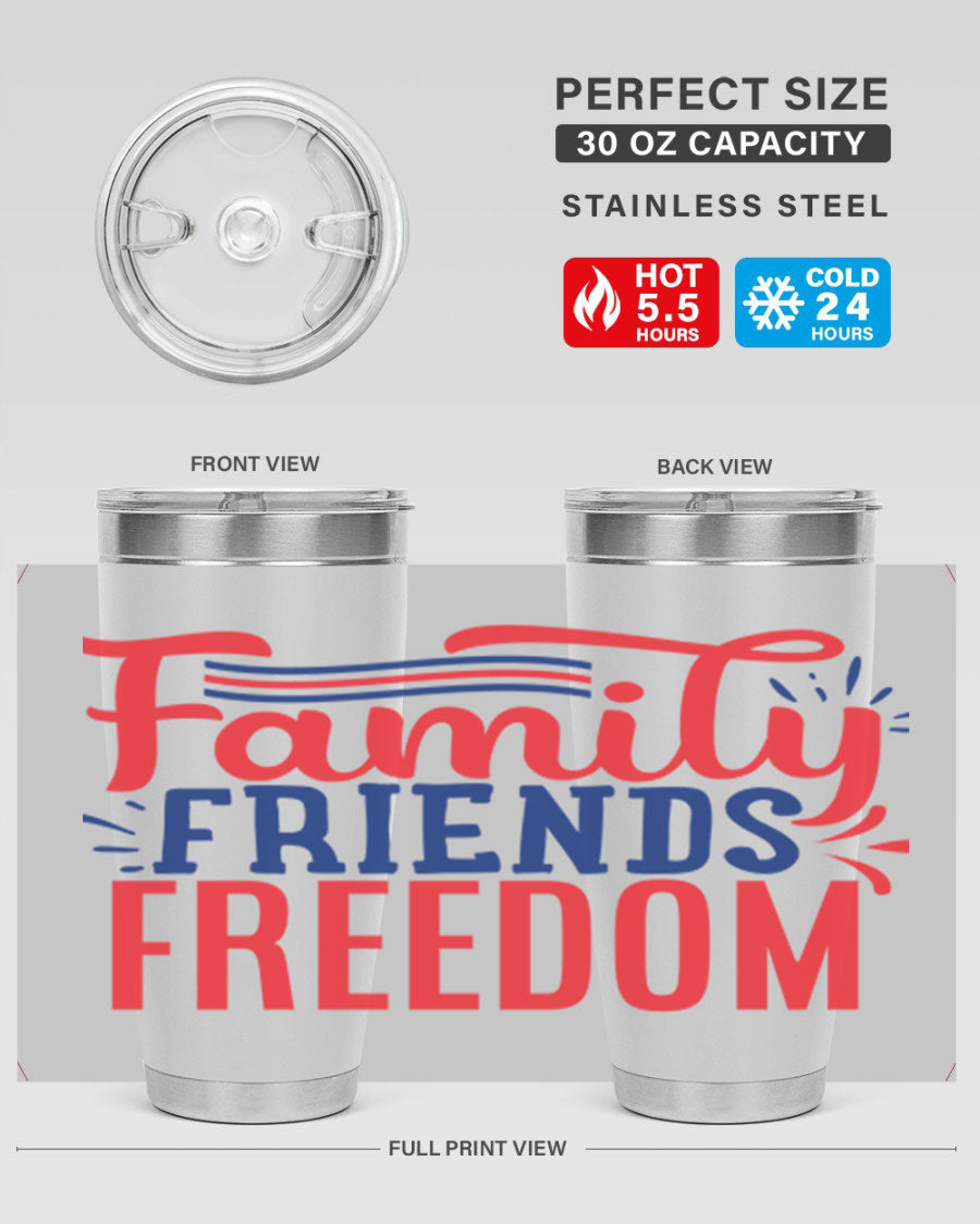 Family Friends Freedom Style 48# tumbler featuring a patriotic design, available in 20oz and 30oz sizes, made from stainless steel.