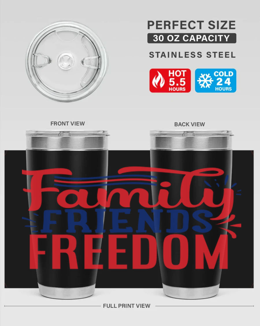 Family Friends Freedom Style 48# tumbler featuring a patriotic design, available in 20oz and 30oz sizes, made from stainless steel.