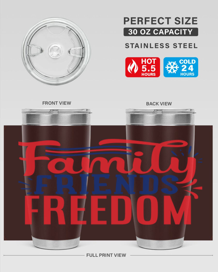 Family Friends Freedom Style 48# tumbler featuring a patriotic design, available in 20oz and 30oz sizes, made from stainless steel.