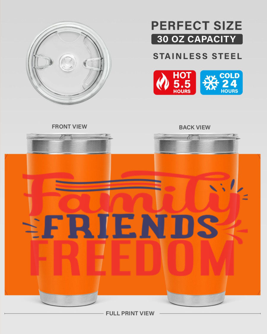 Family Friends Freedom Style 48# tumbler featuring a patriotic design, available in 20oz and 30oz sizes, made from stainless steel.