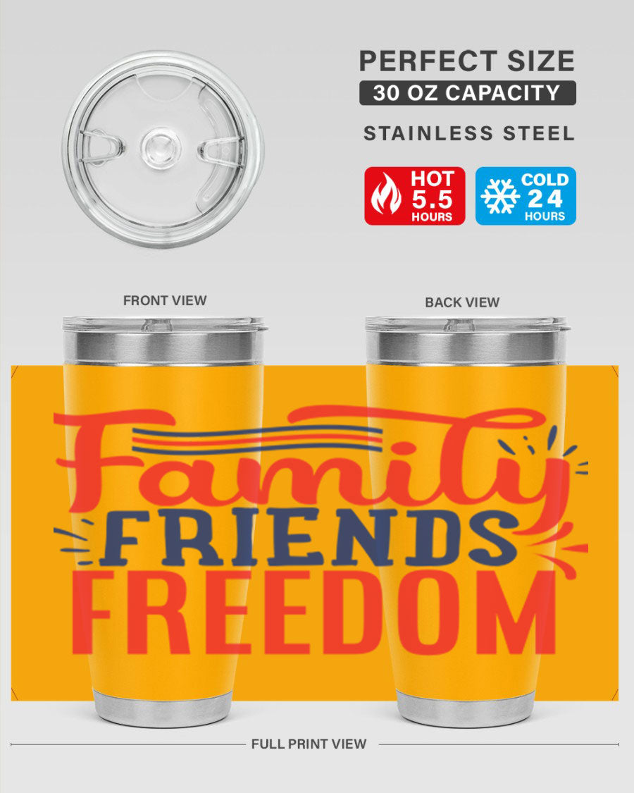 Family Friends Freedom Style 48# tumbler featuring a patriotic design, available in 20oz and 30oz sizes, made from stainless steel.