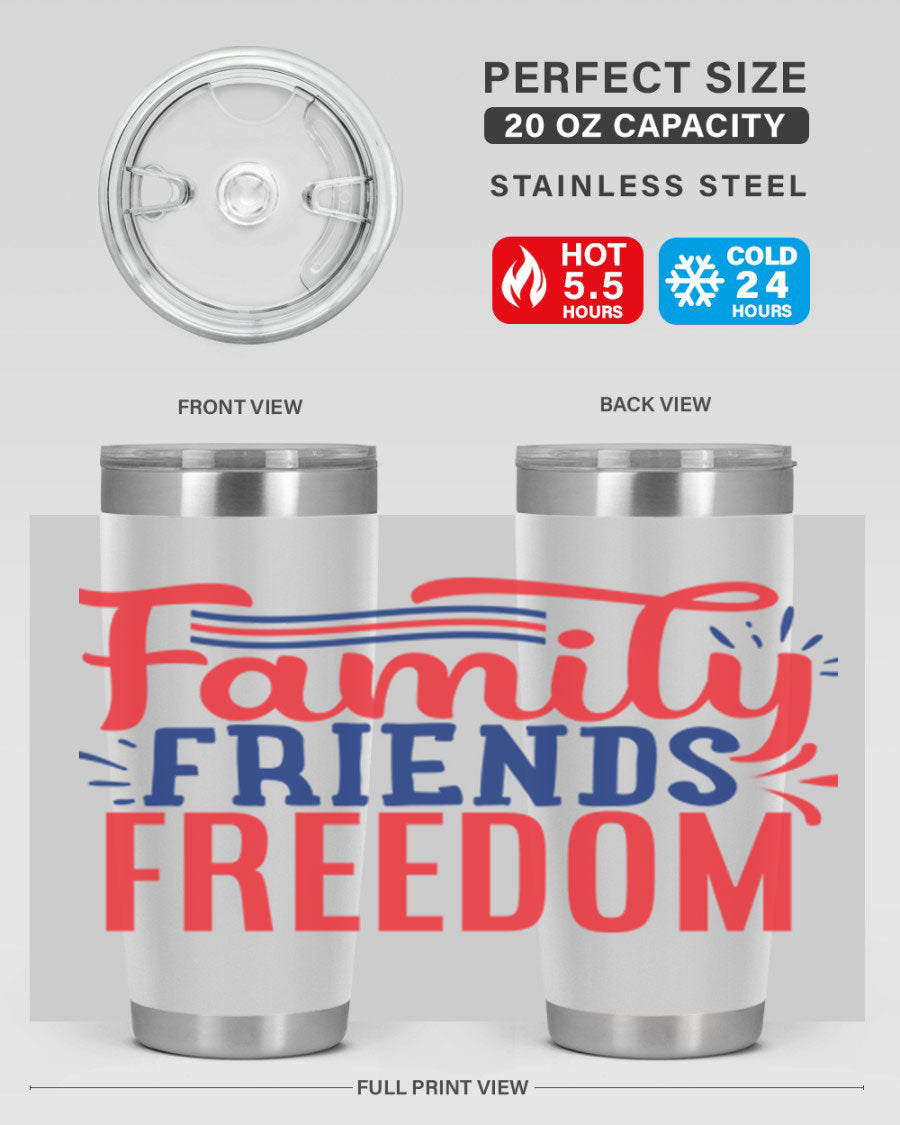 Family Friends Freedom Style 48# tumbler featuring a patriotic design, available in 20oz and 30oz sizes, made from stainless steel.