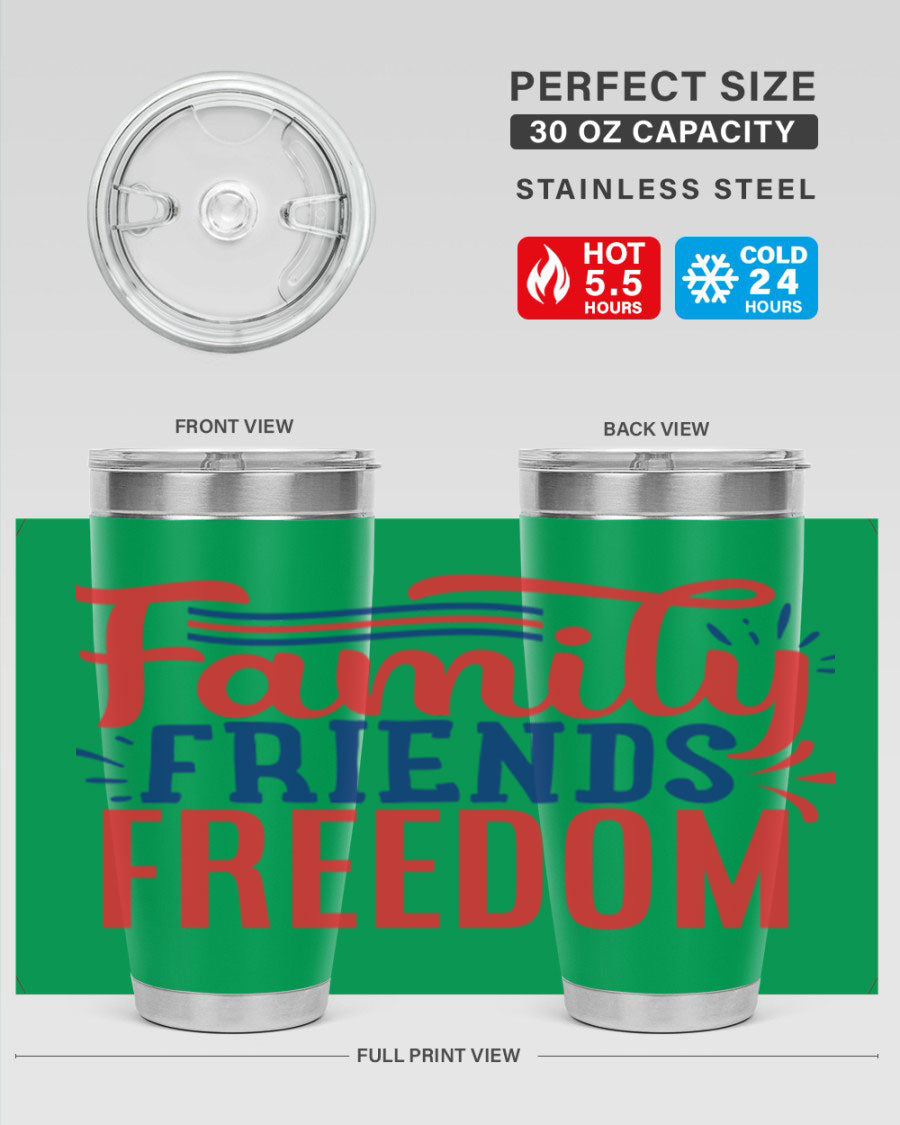 Family Friends Freedom Style 48# tumbler featuring a patriotic design, available in 20oz and 30oz sizes, made from stainless steel.