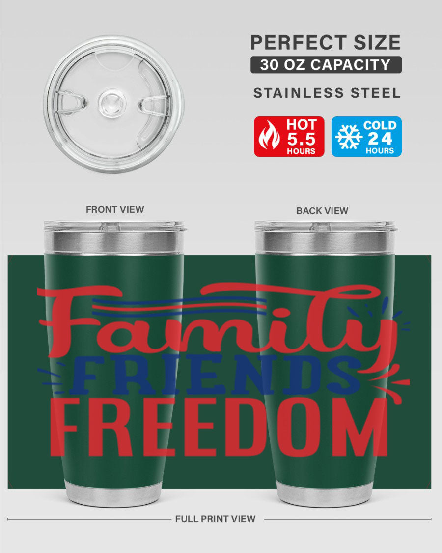 Family Friends Freedom Style 48# tumbler featuring a patriotic design, available in 20oz and 30oz sizes, made from stainless steel.