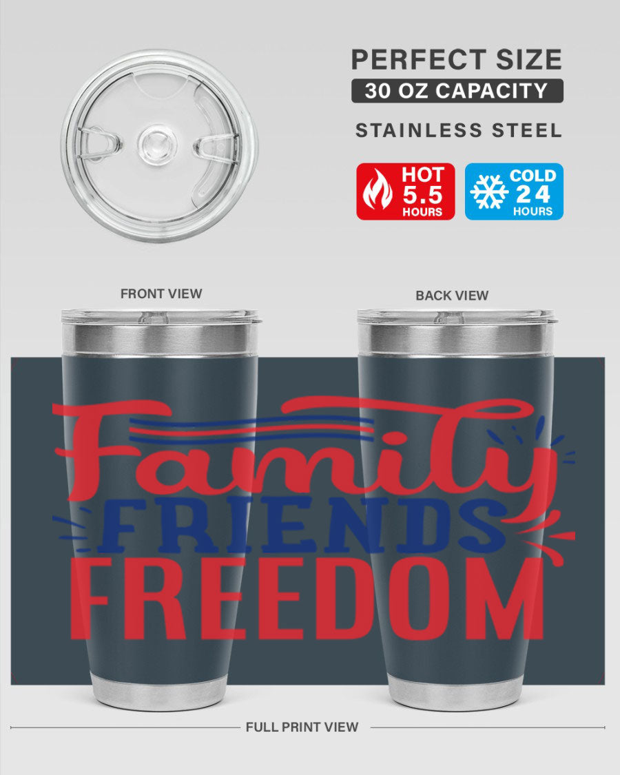 Family Friends Freedom Style 48# tumbler featuring a patriotic design, available in 20oz and 30oz sizes, made from stainless steel.
