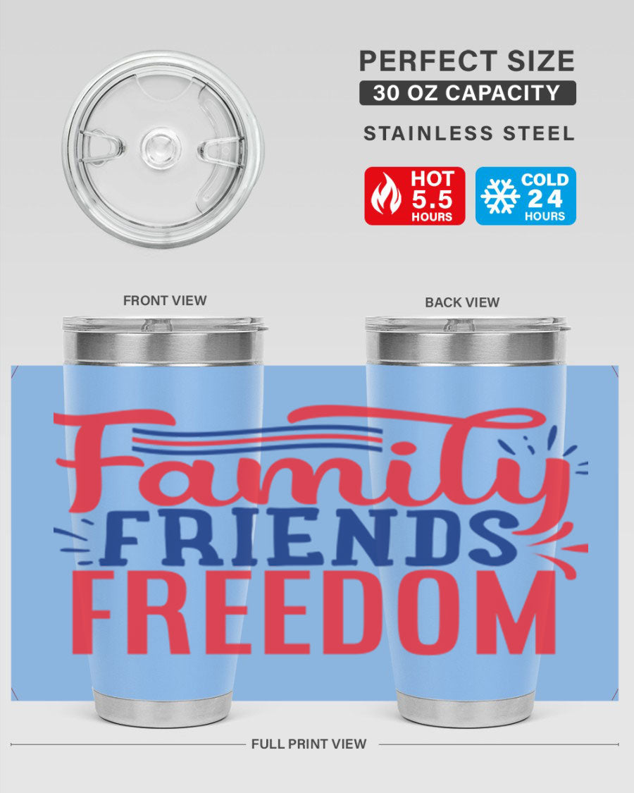 Family Friends Freedom Style 48# tumbler featuring a patriotic design, available in 20oz and 30oz sizes, made from stainless steel.