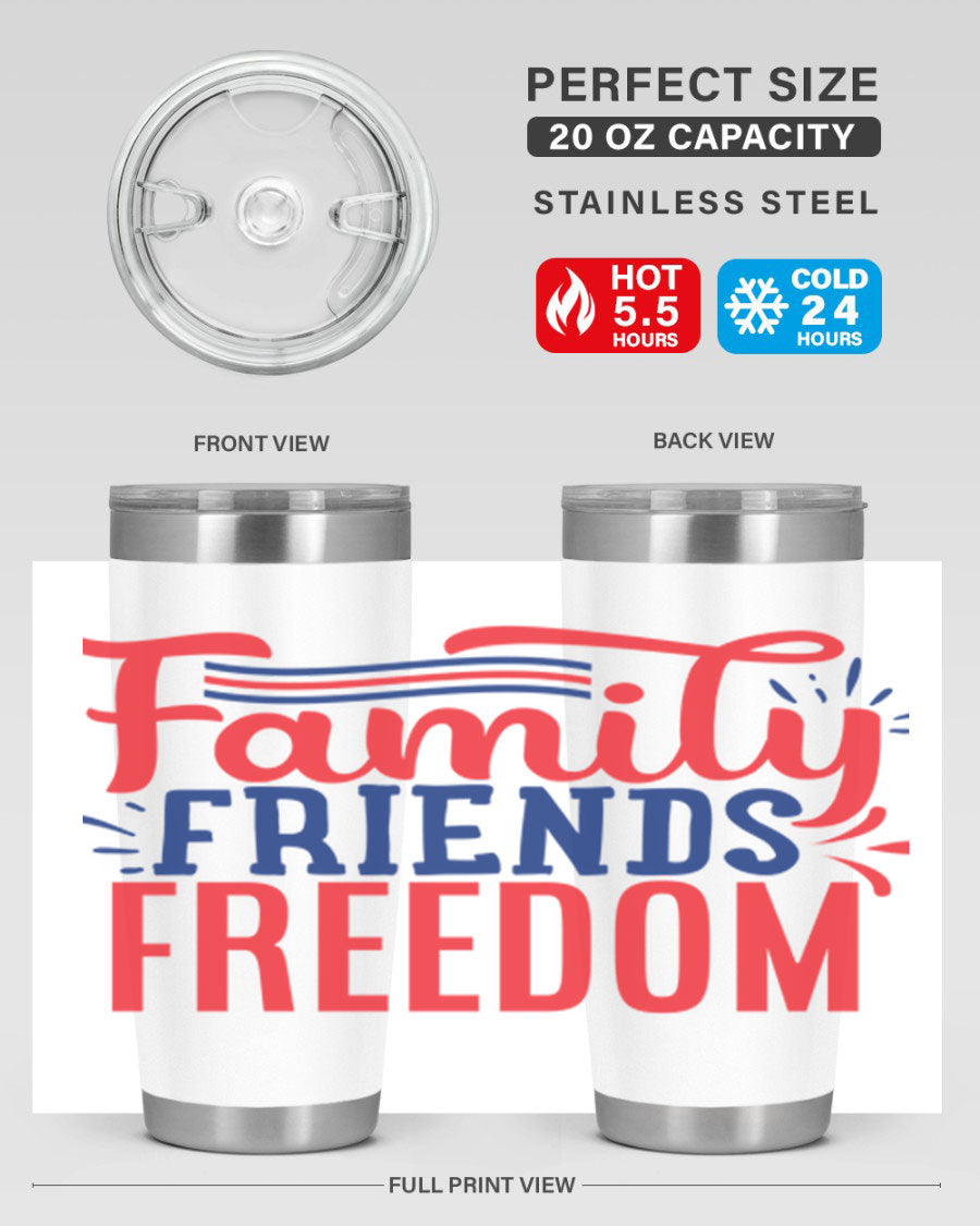 Family Friends Freedom Style 48# tumbler featuring a patriotic design, available in 20oz and 30oz sizes, made from stainless steel.