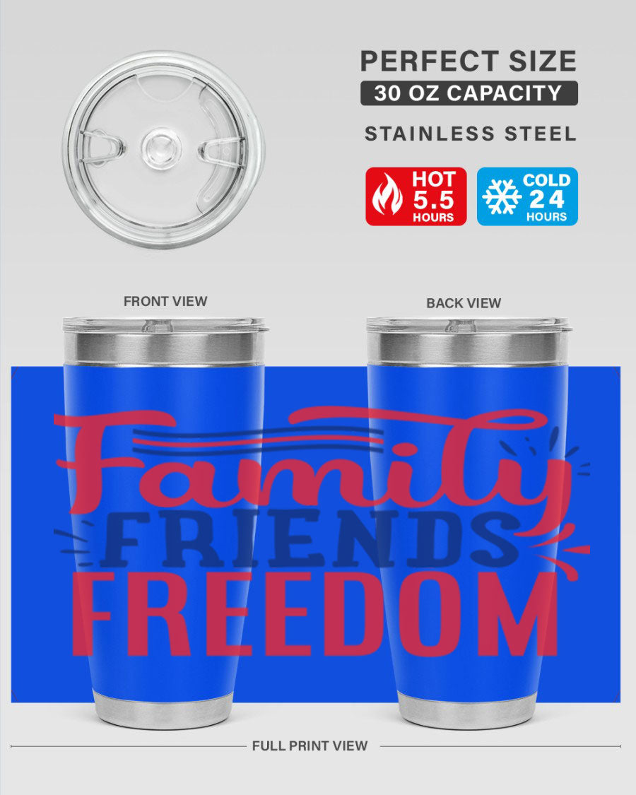 Family Friends Freedom Style 48# tumbler featuring a patriotic design, available in 20oz and 30oz sizes, made from stainless steel.