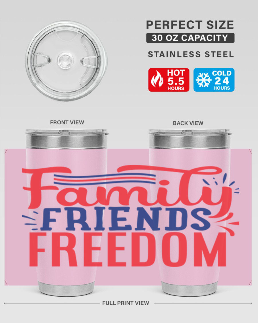 Family Friends Freedom Style 48# tumbler featuring a patriotic design, available in 20oz and 30oz sizes, made from stainless steel.