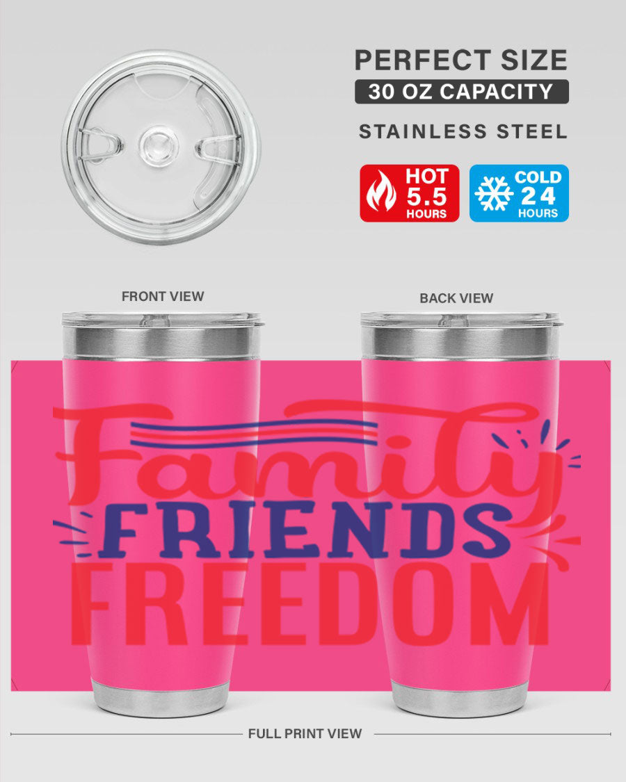 Family Friends Freedom Style 48# tumbler featuring a patriotic design, available in 20oz and 30oz sizes, made from stainless steel.