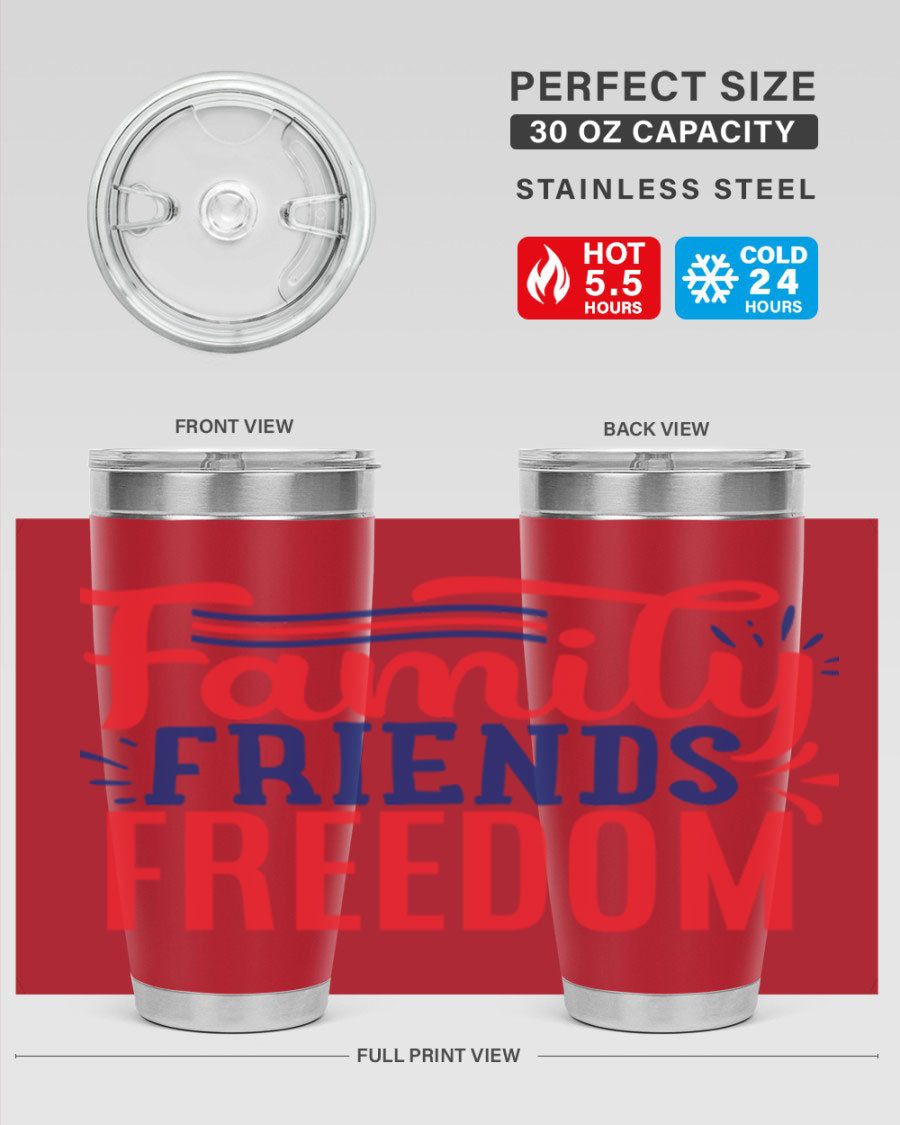 Family Friends Freedom Style 48# tumbler featuring a patriotic design, available in 20oz and 30oz sizes, made from stainless steel.